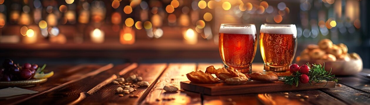 Pilsner beer flight with multiple samples on a wooden paddle, tasting notes and snacks in the background, warm and inviting ambiance