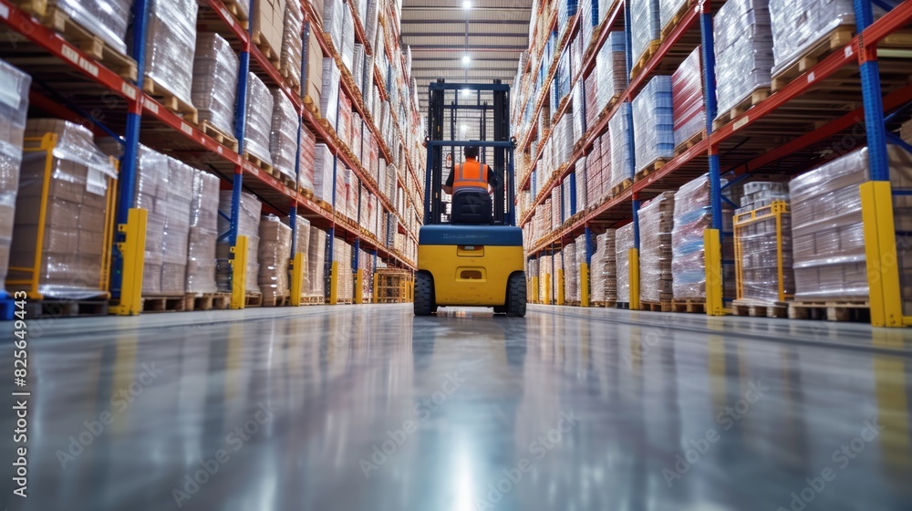 Poster smart warehouse worker or operator driving forklift and lifted product surrounded with box at storag
