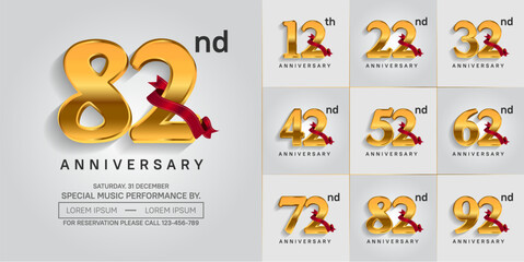anniversary logotype set vector, golden color and red ribbon for special day celebration