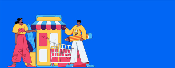 Naklejka premium Holiday shopping people doing e-commerce online shopping flat vector concept operation hand drawn illustration 