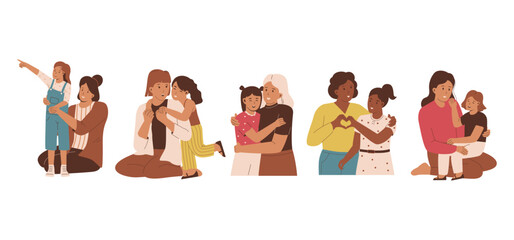 Mother with daughter collection set. Flat illustration concept