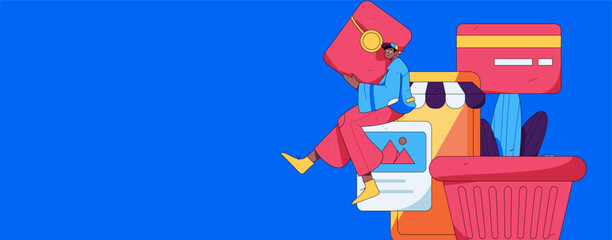 Holiday shopping people doing e-commerce online shopping flat vector concept operation hand drawn illustration
