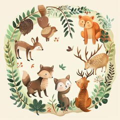 Naklejka premium Forest animals in the woods flat design top view wilderness theme water color Colored pastel