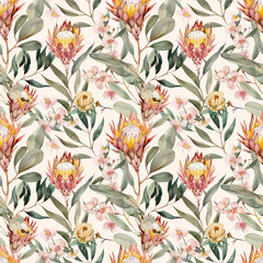 Beautiful Watercolor Australian Native Botanical Floral Illustration Seamless Repeat Pattern