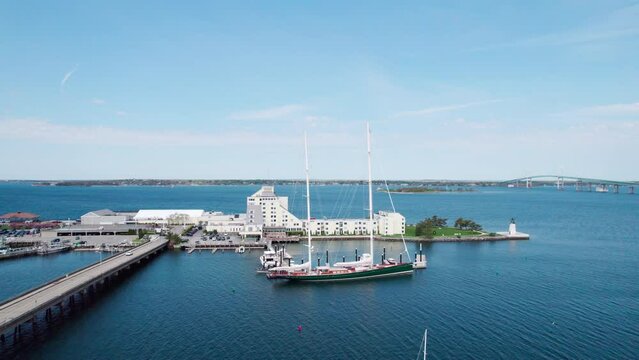 Aerial view of aTwo-masted sailing ship moored at Newport, Rhode Island.
