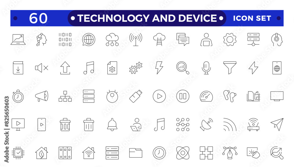 Wall mural Technology and Device web icons in outline style. Computer monitor, smartphone, tablet, laptop, Mail, Search, Cloud, Media icon.Big UI icon set in a flat design.