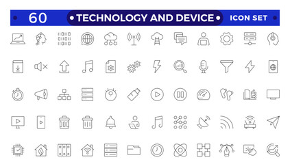 Technology and Device web icons in outline style. Computer monitor, smartphone, tablet, laptop, Mail, Search, Cloud, Media icon.Big UI icon set in a flat design.
