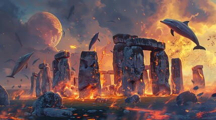 Craft a mesmerizing scene of lava flowing around futuristic robotics rising among the ancient stones of Stonehenge, with ethereal dolphins leaping above the fiery landscape