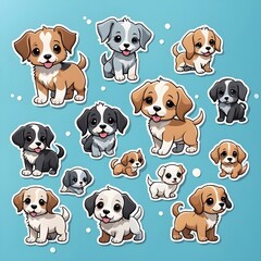 Fototapeta premium 민트 하늘색 계열 파스텔 컬러 배경 귀여운 깜찍한 강아지 멍멍이 puppy sticker set 댕댕이 반려견 스티커 스티커세트 lovely