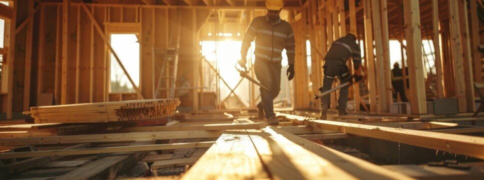 Construction workers carrying out work in a sunlit house under construction with rays of sunlight streaming in through windows