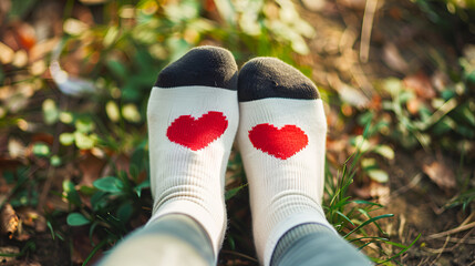 feet wearing white socks with red heart shape, Generative AI