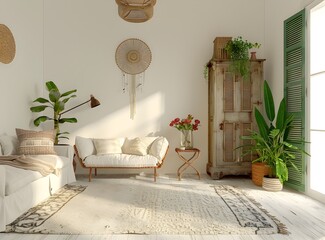 A photo of an interior design living room in a Scandinavian style with white walls and carpet on the floor