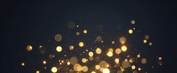 Partículas de brillo dorado fondo abstracto.Bokeh de partículas de brillo de luz dorada de Navidad sobre fondo negro marino. Concepto de vacaciones. Fondo abstracto con partículas de oro.	