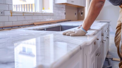 A worker installs kitchen cabinets and countertops completing the final stage of a beautifully designed kitchen.