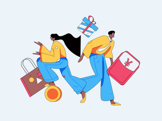 Holiday shopping people doing e-commerce online shopping flat vector concept operation hand drawn illustration
