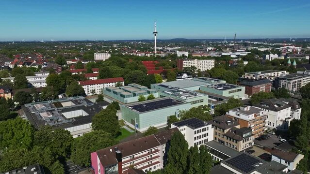 Aerial drone view of Museum Folkwang in Essen, Germany. Museum Folkwang is a major collection of 19th- and 20th-century art. 