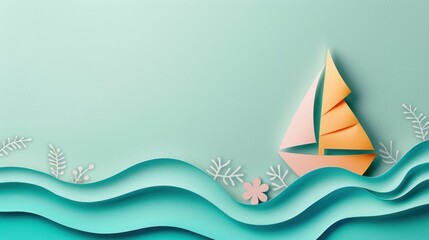 Scenic ocean voyage on delicate paper boat amidst blossoming flowers and lush leaves, a serene journey through nature