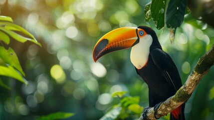 Fototapeta premium A colorful bird with a long beak is perched on a tree branch