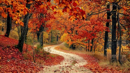 Vibrant Autumn Leaves in a Quiet Forest Path. Generative Ai