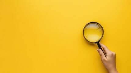 Hand holding magnifying glass on yellow background with copy space, minimalistic stock photo