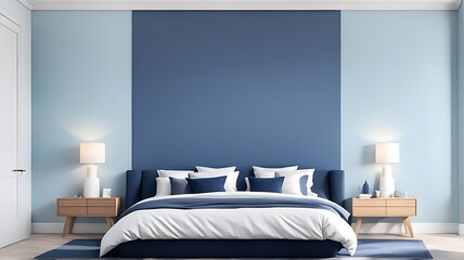 Sky Blue Pastel Bedroom with Navy Bed for Empty Wall Canvas Art in Modern Interior Design for Rich Home or Hotel, Accent Color Trend, 3D Rendering

