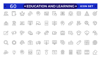 Education and Learning Outline icons set. Education, School, Learning, university, textbook.Containing video tuition, e-learning, online courses, educational websites, and digital education icons.