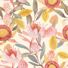 Beautiful Watercolor Australian Native Botanical Floral Illustration Seamless Repeat Pattern