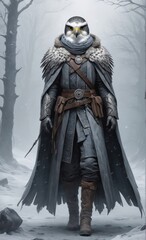 Fototapeta premium illustration of evoking a mix of horror snowy falcon headed witch dressed for winter 