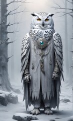 illustration of evoking a mix of horror snowy owl headed warlock dressed for winter 