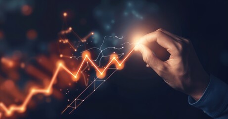 Stock market charts, numbers and orange upward lines, merchants touch their fingers on a virtual screen with a growth graph, arrows pointing upward to business growth, business success ideas
