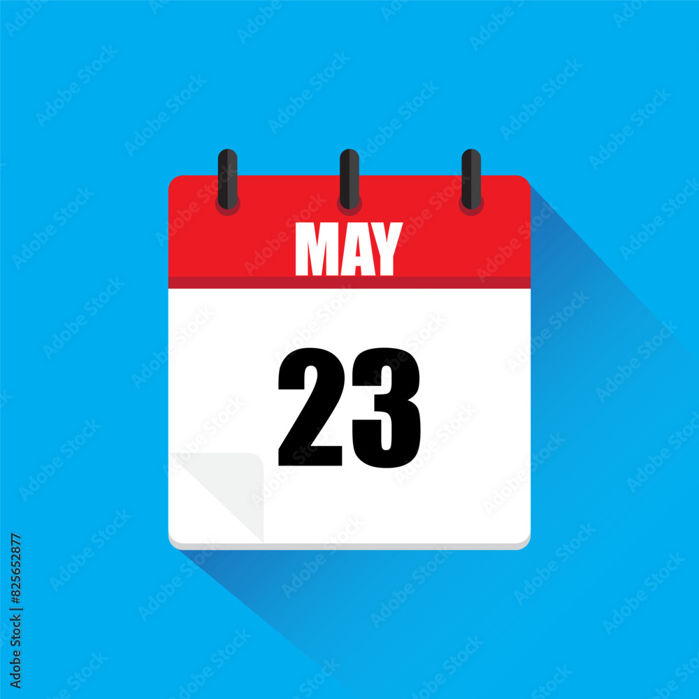 Poster calendar icon vector. red may header. date twenty three. blue background shadow.