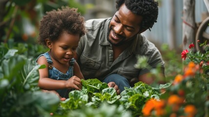 father and kid gardening together, planting vegetables in the garden. The man and little girl is picking lettuce at summer day. - Powered by Adobe