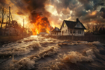 Floodwaters surging through a residential area during a firestorm, illustrating the compound impact of natural disasters. For educational, urban planning, and disaster response materials.