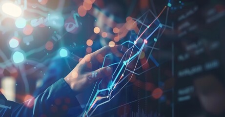 Stock market charts, numbers and orange upward lines, merchants touch their fingers on a virtual screen with a growth graph, arrows pointing upward to business growth, business success ideas