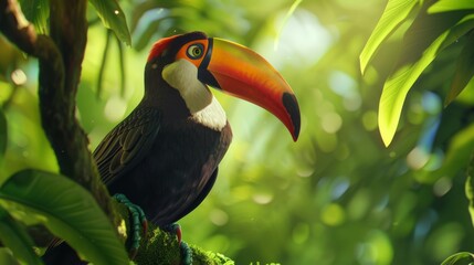 A colorful bird with a long beak is perched on a tree branch