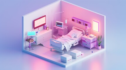 A hospital room with a bed, a chair, a desk, a computer, a potted plant, isometric style