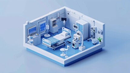A hospital room with a bed, a chair, a table, and a plant, isometric style