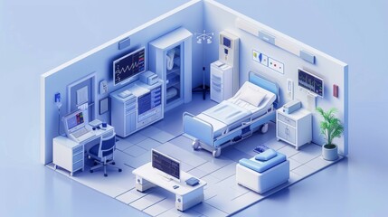 A hospital room with a bed, a desk, chair, a couch, and a potted plant, isometric style