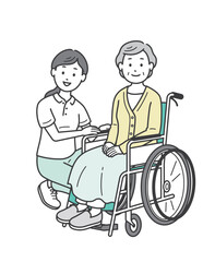 車椅子の高齢女性と介助をする女性介護士のイラスト