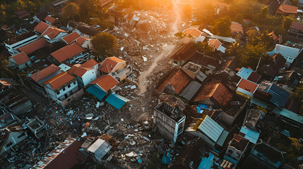 Sunset over a town devastated by an earthquake, showing the aftermath of natural disasters. Concept: Aftermath of natural disasters. For educational, humanitarian aid, and disaster recovery materials.