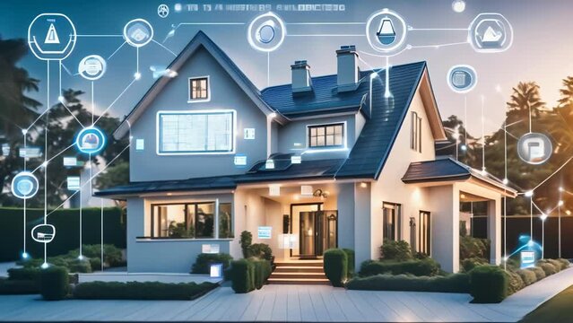 A modern home integrated with smart home technology, featuring connected devices and IoT icons overlaying the image. 