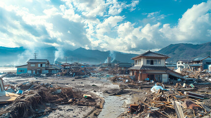 Destroyed city under a blue sky after a catastrophic earthquake, used in recovery and aid programs. Concept: Aftermath of natural disasters. For recovery and aid programs