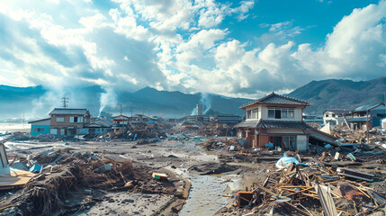 Destroyed city under a blue sky after a catastrophic earthquake, used in recovery and aid programs....