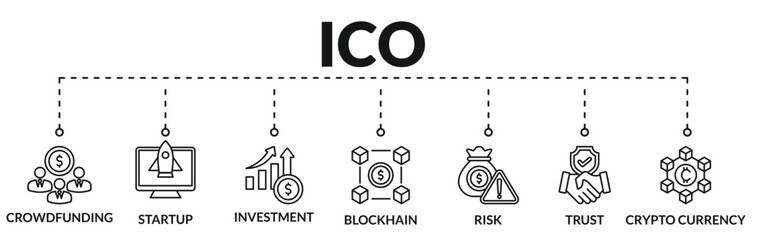 Banner of ico ( Initial Coin Offering ) web vector illustration concept with icons of crowdfunding, startup, investment, blockchain, risk, trust, crypto currency
