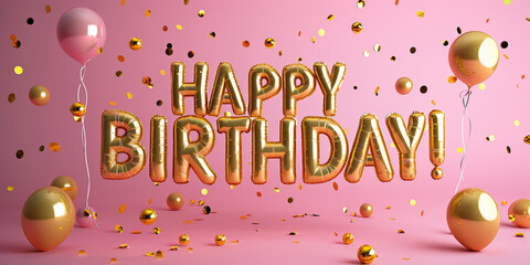 Festive, golden 'Happy Birthday' celebration with balloons and confetti, exuding joyous, vibrant party vibes.