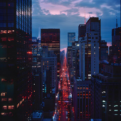 Vibrant Urban Cityscape at Dusk with Illuminated Skyscrapers and Lively Streets Reflecting Urban Energy