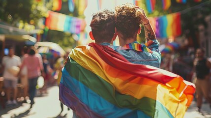 Two men holding a rainbow flag in a crowded street, lgbt support concept
