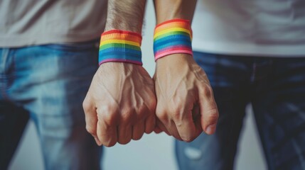 Two men are holding hands and wearing rainbow wristbands, lgbt support concept