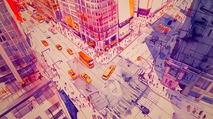 Sketch a detailed bird's-eye view of a bustling urban street scene, capturing the vibrant energy of people and vehicles moving through a lively cityscape