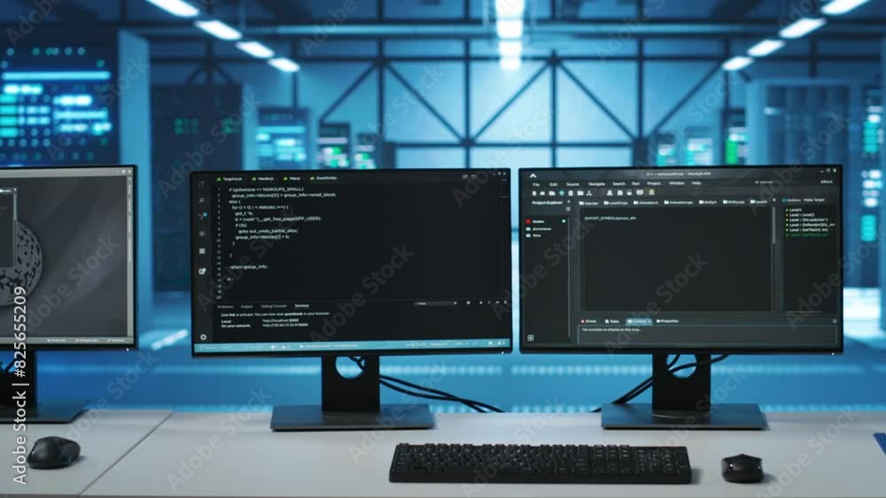 Poster code running on computer screens in empty data center workspace, used for troubleshooting rackmounts
